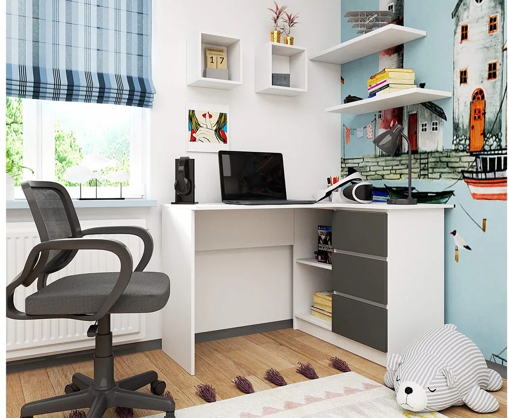 Biurko narożne AKORD B16 Białe 124 cm prawe 3 szuflady kolor Grafit Szary mat 2 półki 124x85x77 cm