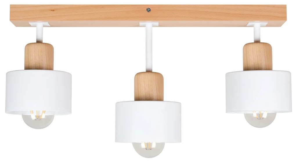 Biała lampa sufitowa, trzypunktowy spot DWE50x7BU z drewna i metalu E2