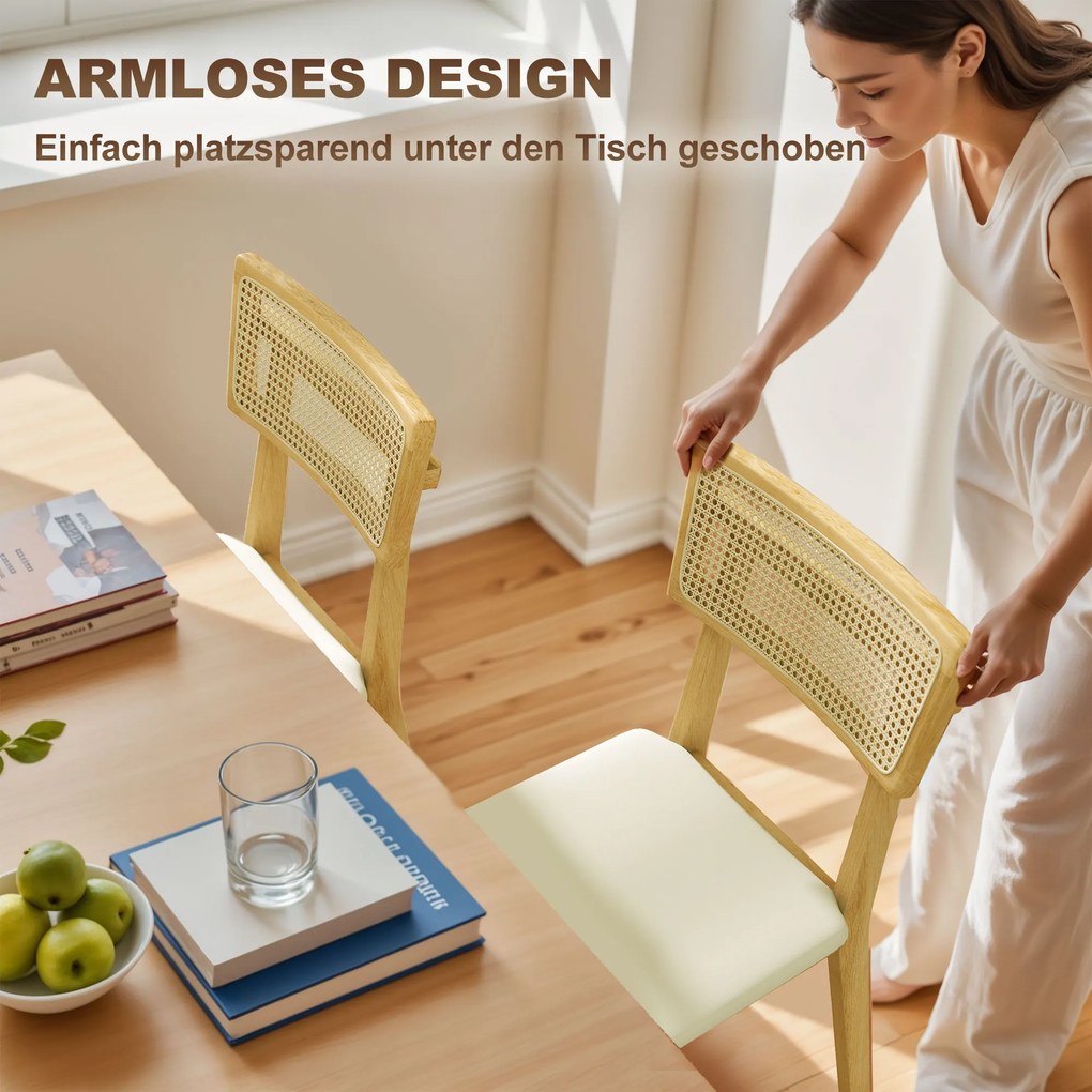 HOMCOM Krzesło jadalniane, oparcie z rattanu, siedzisko z sztucznej skóry, drewno gumowe, naturalne drewno