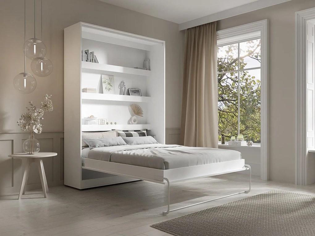 Łóżko chowane w szafie 140 × 200 cm – Otwieranie pionowe manualne – oświetlenie LED – Białe –  RAPILI