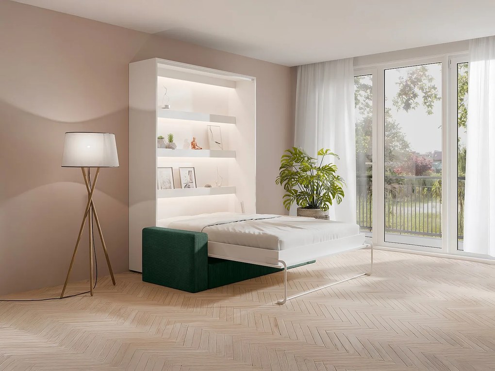 Łóżko chowane w szafie 160 x 200 cm - Ręczne otwieranie pionowe - Z LEDami - Białe + kanapa Zielona - RAPILI