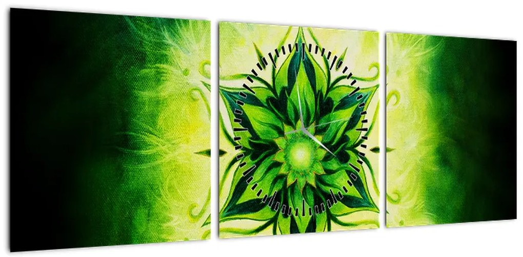 Obraz - Kwiatowa mandala na zielonym tle (z zegarem) (90x30 cm)