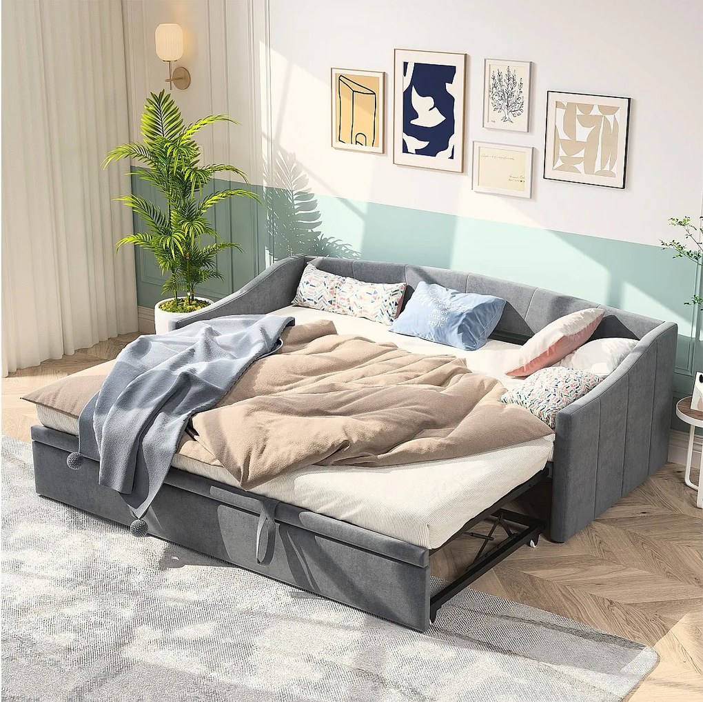 Tapicerowane łóżko gościnne z ramą listwową - Wielofunkcyjna sofa z miejscem do spania - 90/180x200cm
