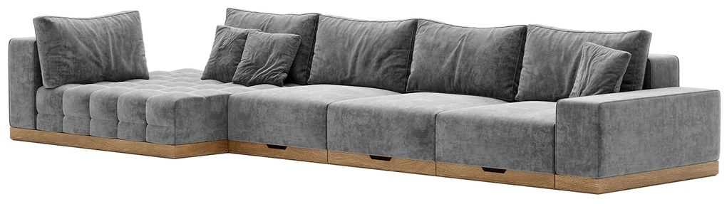Rozkładana sofa narożna Morani, drewno dębowe, 420x150x71cm
