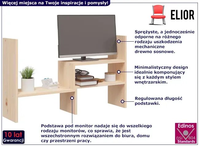 Rozsuwana półka na biurko z naturalnego drewna sosnowego - Aviso
