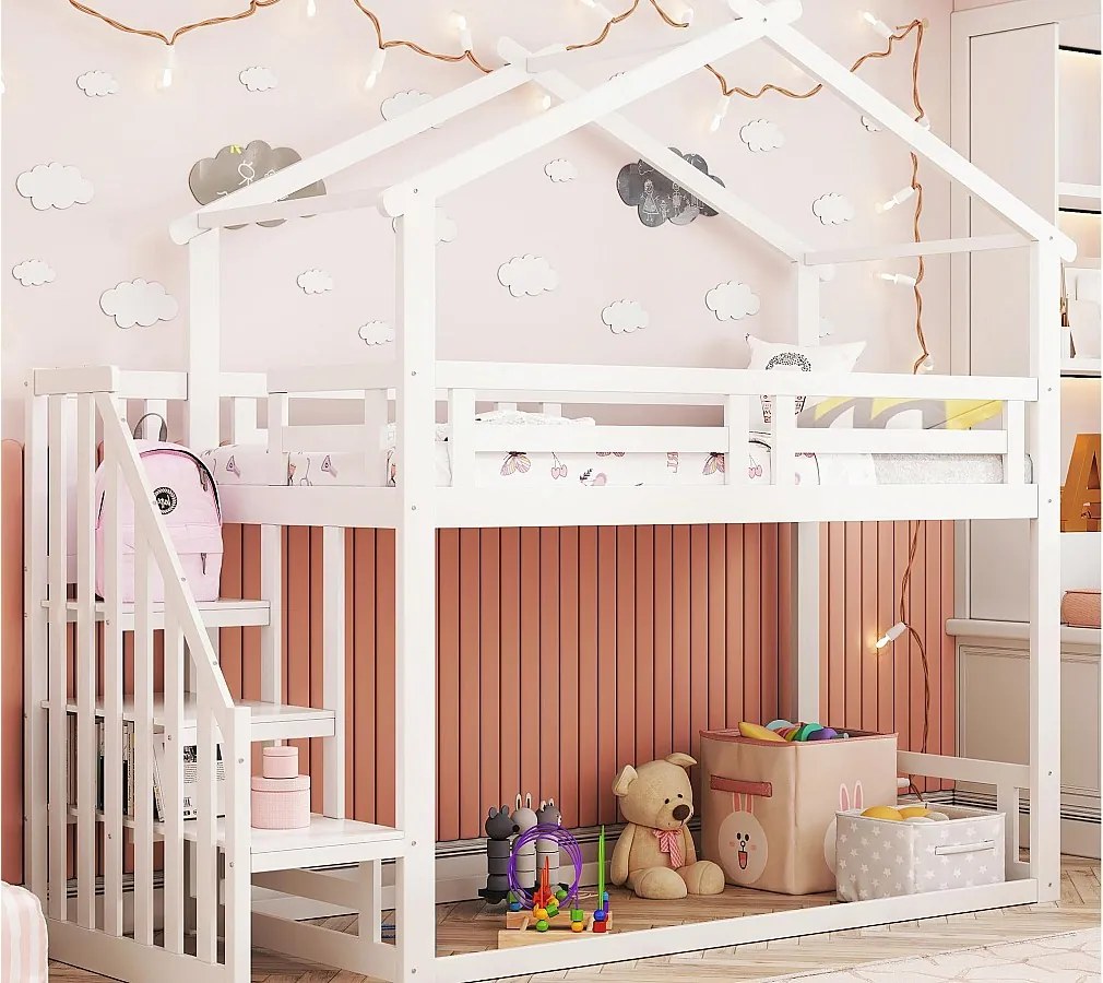 Łóżko piętrowe domek z litego drewna sosnowego z schodami i stelażem na materac - 90x200cm - Białe