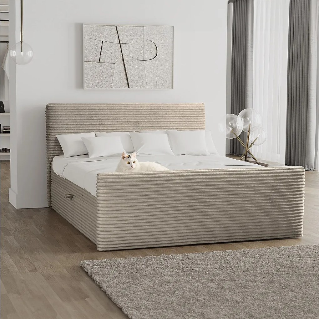 Łóżko kontynentalne z pojemnikiem i topperem TRENTO, pluszowy sztruks VELO, 140x200 cm, Beżowy, H3-Bonell