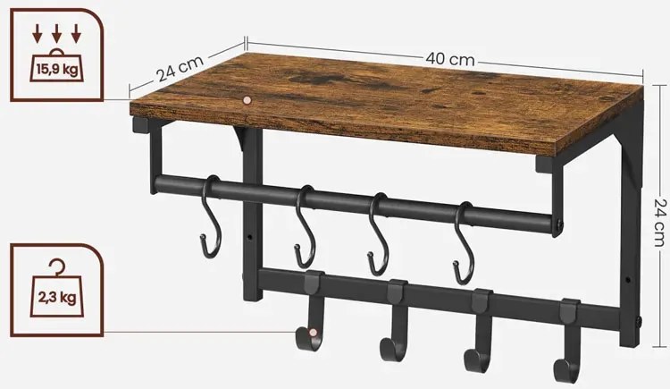 Industrialny Wieszak Ścienny Na Ubrania Z Półką G3-A95