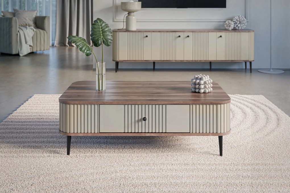 Stolik kawowy Vesper 103x60 cm z szufladą - kaszmir / orzech / czarne nogi