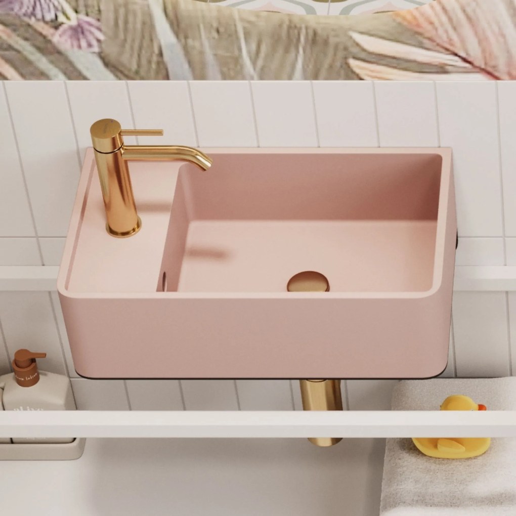 Umywalka z kamienia syntetycznego nablatowa / wisząca prostokątna różowa 43 cm x 25 cm EVELIA Pink : Otwór na baterię - Tak, Typ montażu - podwieszana