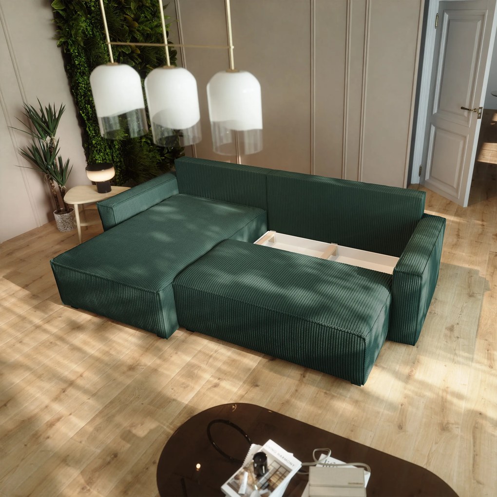 Masseno Narożnik BESMIR z funkcją spania i pojemnikiem na pościel Narozniki L, Rozkładana sofa - Zielony, POSO 14