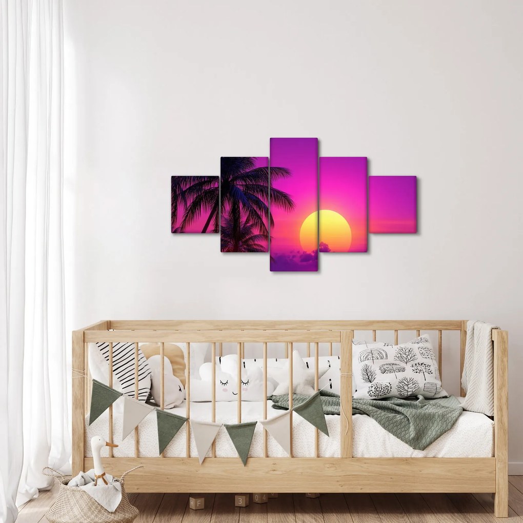 Obraz - Fioletowy zachód słońca z palmą (125x70 cm)