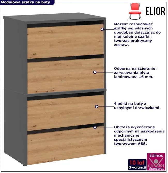 Nowoczesna szafka na buty antracyt + dąb artisan - Rolas 4X