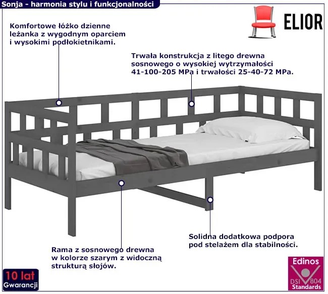 Szara leżanka łóżko dzienne sosnowe 80x200 C6-T90