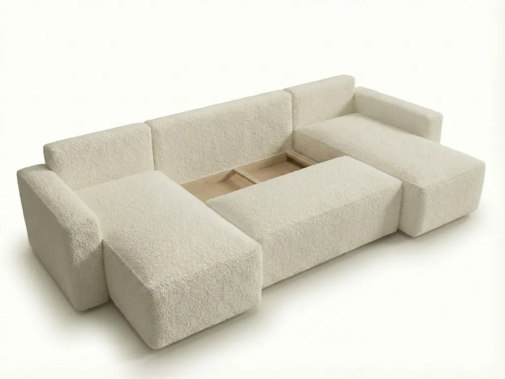 Rozkładana kanapa narożna w kształcie U SMART BOUCLE 303x143 cm, kremowa