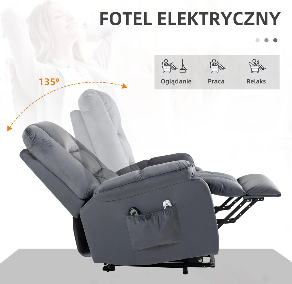 HOMCOM Fotel masażowy dla seniorów z funkcją wstawania 8 punktów masażu szary z bocznymi kieszeniami | Aosom PL