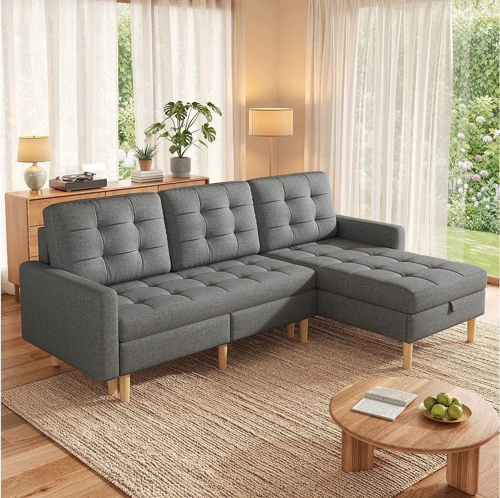 Narożnik z odwracalnym szezlongiem i schowkiem pod siedziskiem - Tkanina włókninowa/PCW/pianka - 212 x 130 x 86 cm - Szary