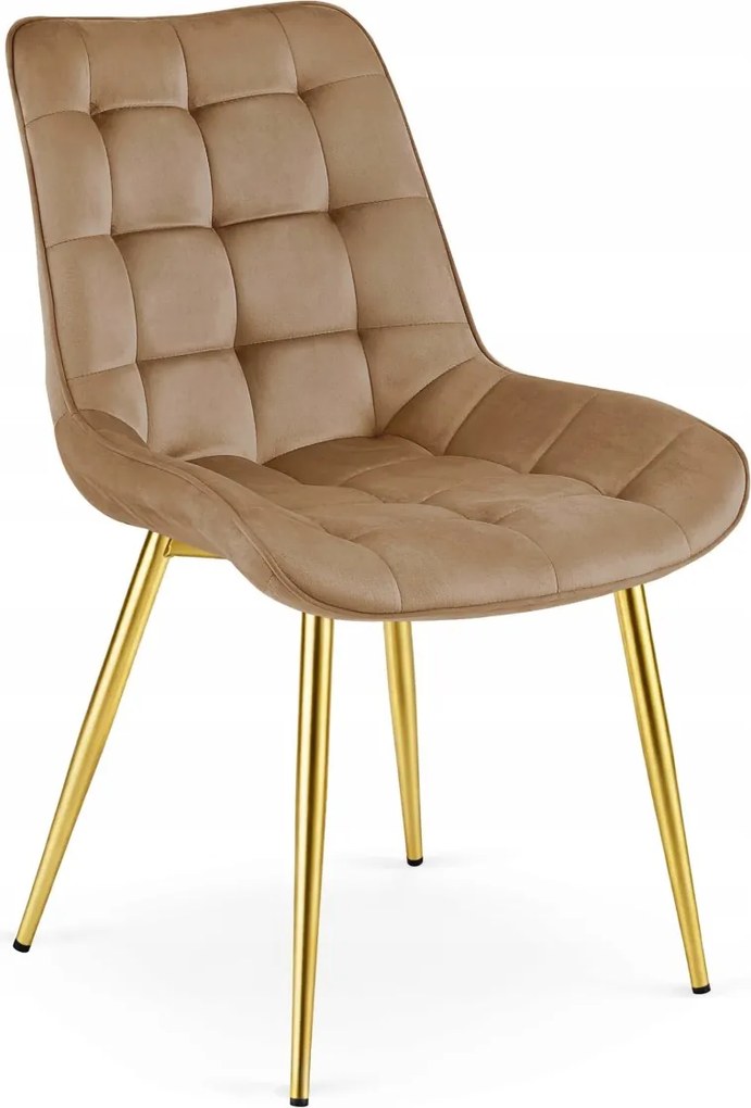 Brązowe krzesło do kuchni BERA aksamitne ze złotymi nogami