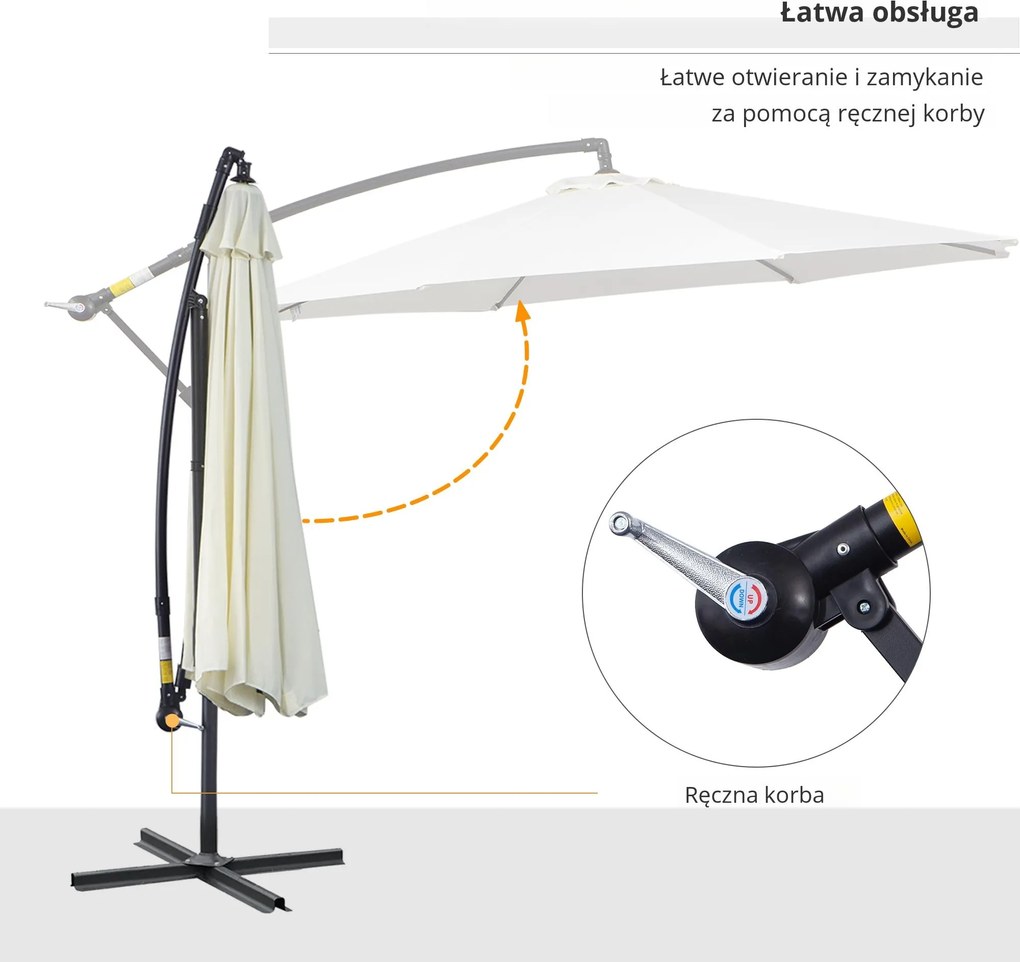 Outsunny Parasol Ogrodowy z Korbką 3m Kremowy Wytrzymały i Elegancki | Aosom PL