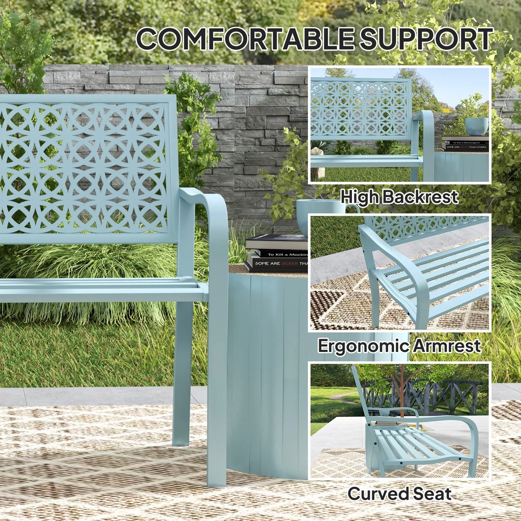 Outsunny Zewnętrzna Ławka Ogrodowa z Stali, Wycięte Oparcie, Podłokietniki, dla 2 Osób, Niebieska