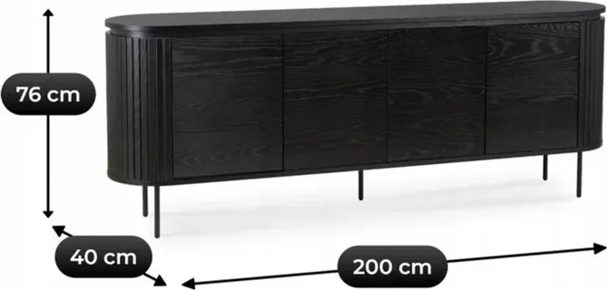 Komoda do Salonu BECK 200 cm Czarna Czterodrzwiowa Ryflowana Nowoczesna