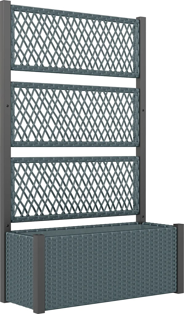 Outsunny Podwyższone grządki z kratą w stylu rattanu, skrzynia na rośliny z podporą 90 x 35 x 148cm ciemnoszary | Aosom PL