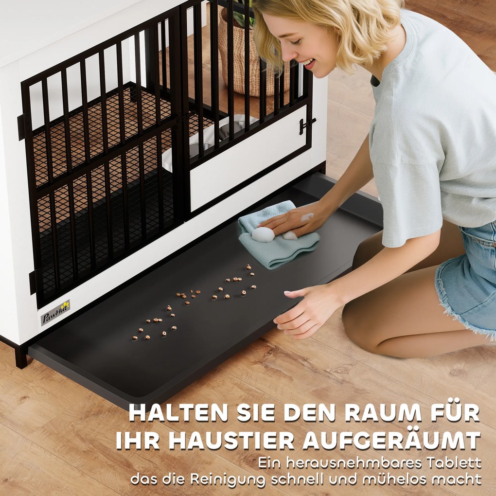 PawHut Duża klatka dla psa, łatwy dostęp, zamykana, obrotowy uchwyt na miski, dla małych i dużych psów, Biała