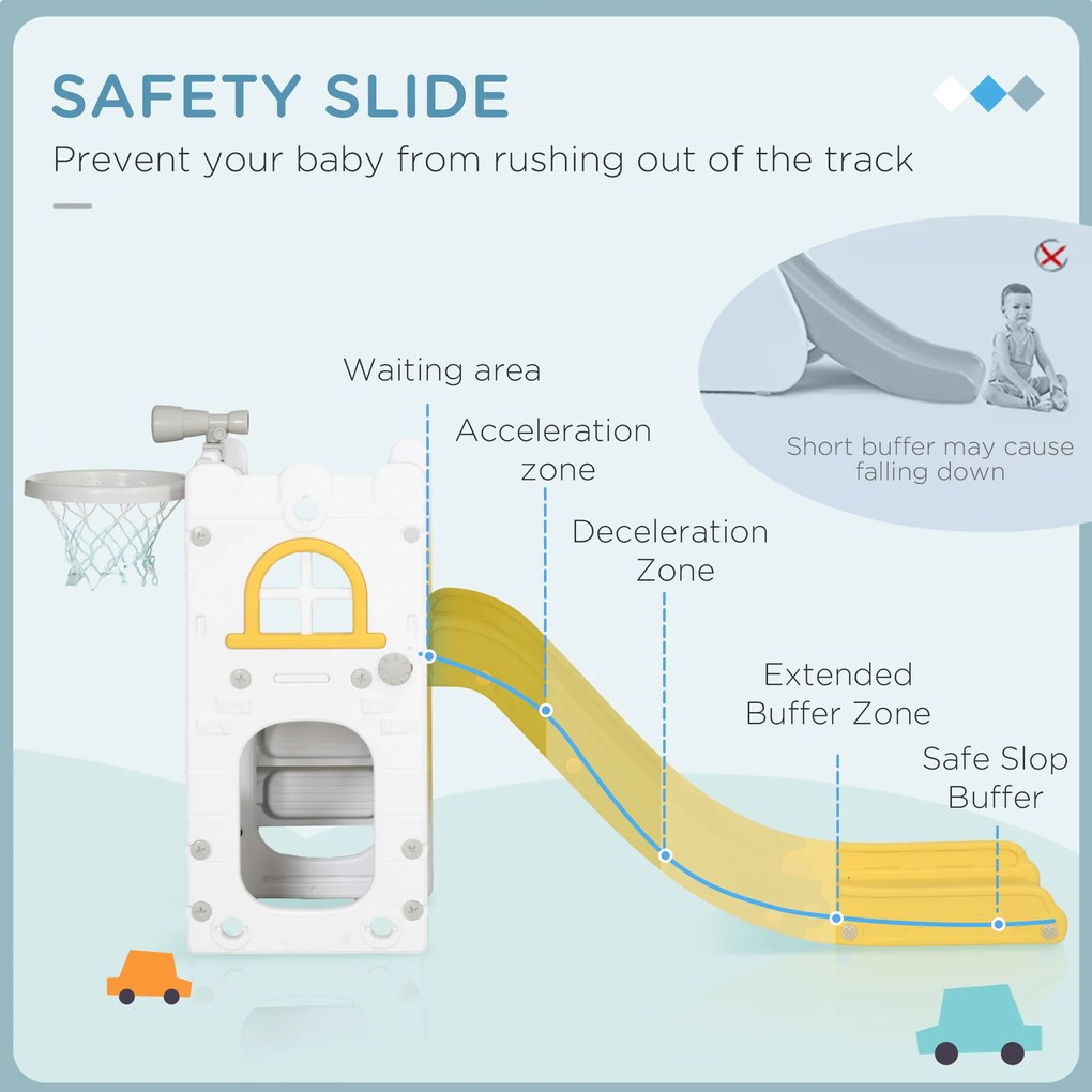 AIYAPLAY Zjeżdżalnia dla dzieci, 4 w 1, z koszem do koszykówki, teleskopem i elementami wspinaczkowymi, Żółty 70 x 177 x 92 cm