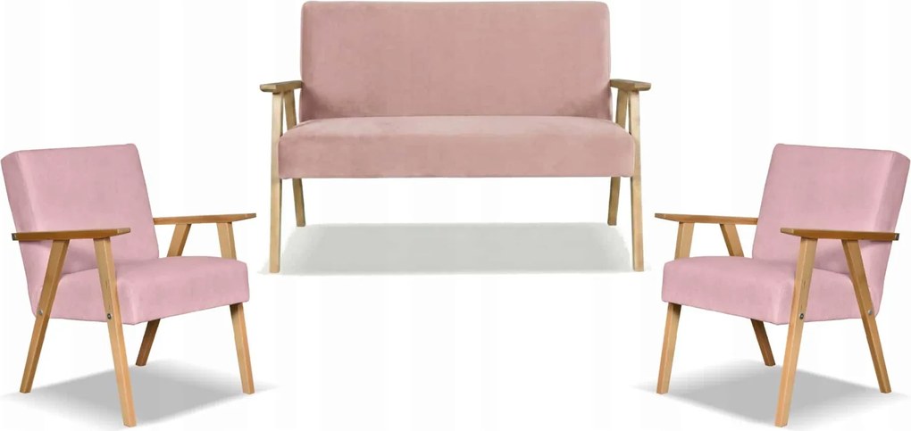 Zestaw mebli PRL retro SOLER sofa fotele Family Meble rózowy welur Hunter