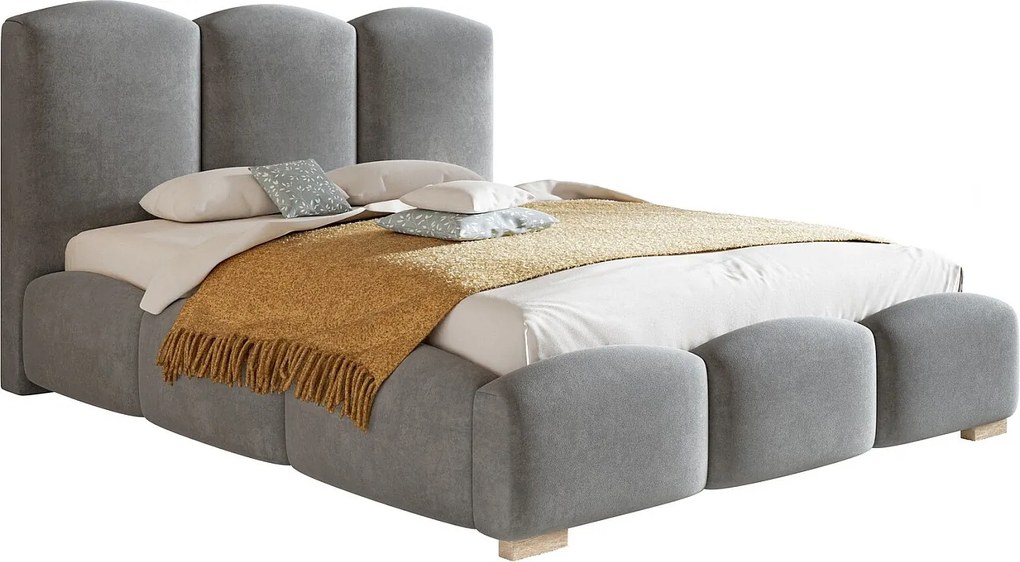 Łóżko dwuosobowe 160x200 Roma z pojemnikiem - łóżko tapicerowane, stelaż metalowy, welur - jasny szary (Jasmine 90)