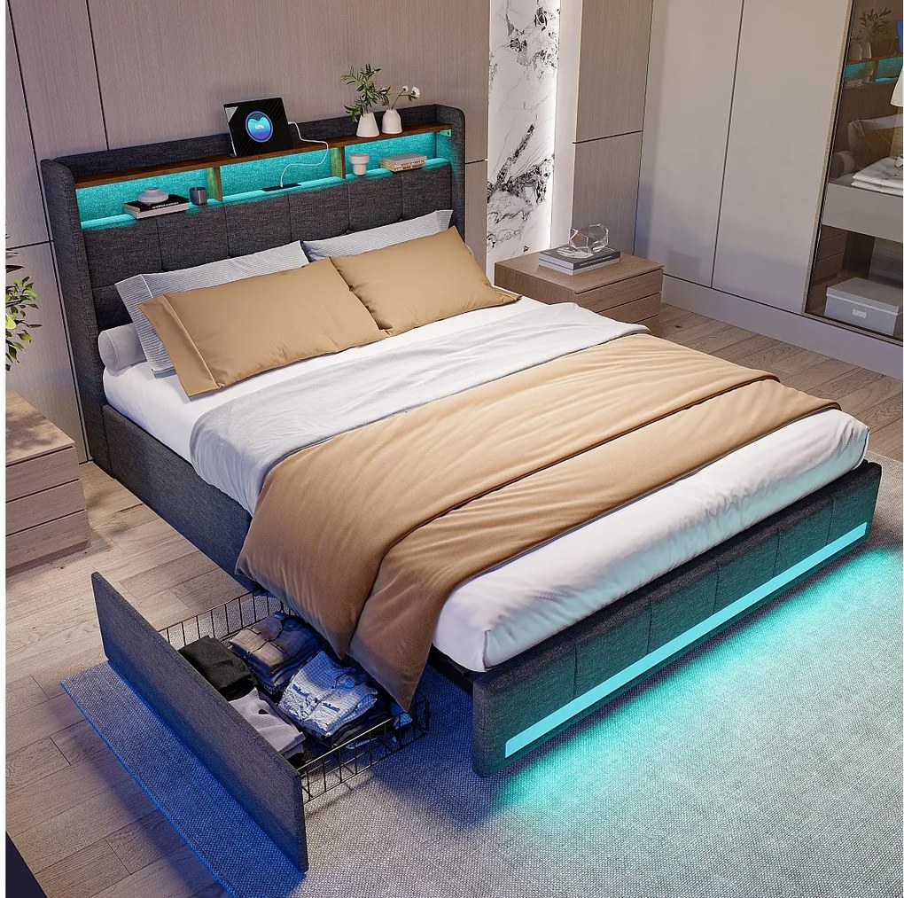 Łóżko podwójne 140x200 cm szare z szufladami, oświetleniem LED RGB 6000 kolorów i wbudowanymi portami USB, oddychająca tkanina lniana