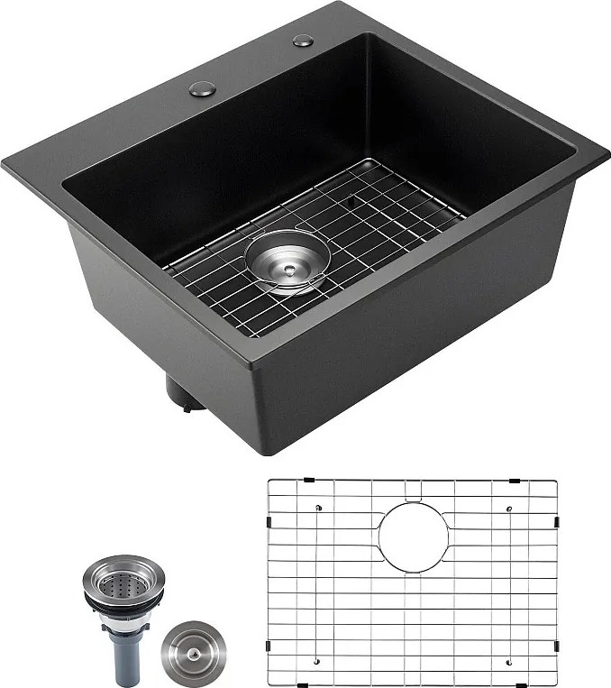 Nowoczesna Zlewozmywak Kuchenny SucceBuy z Granitu 63,5 cm, Zlewozmywak Nastawczy z Dużą Pojedynczą Komorą, Wkładana Komora do Mycia z Wieloma Akcesoriami