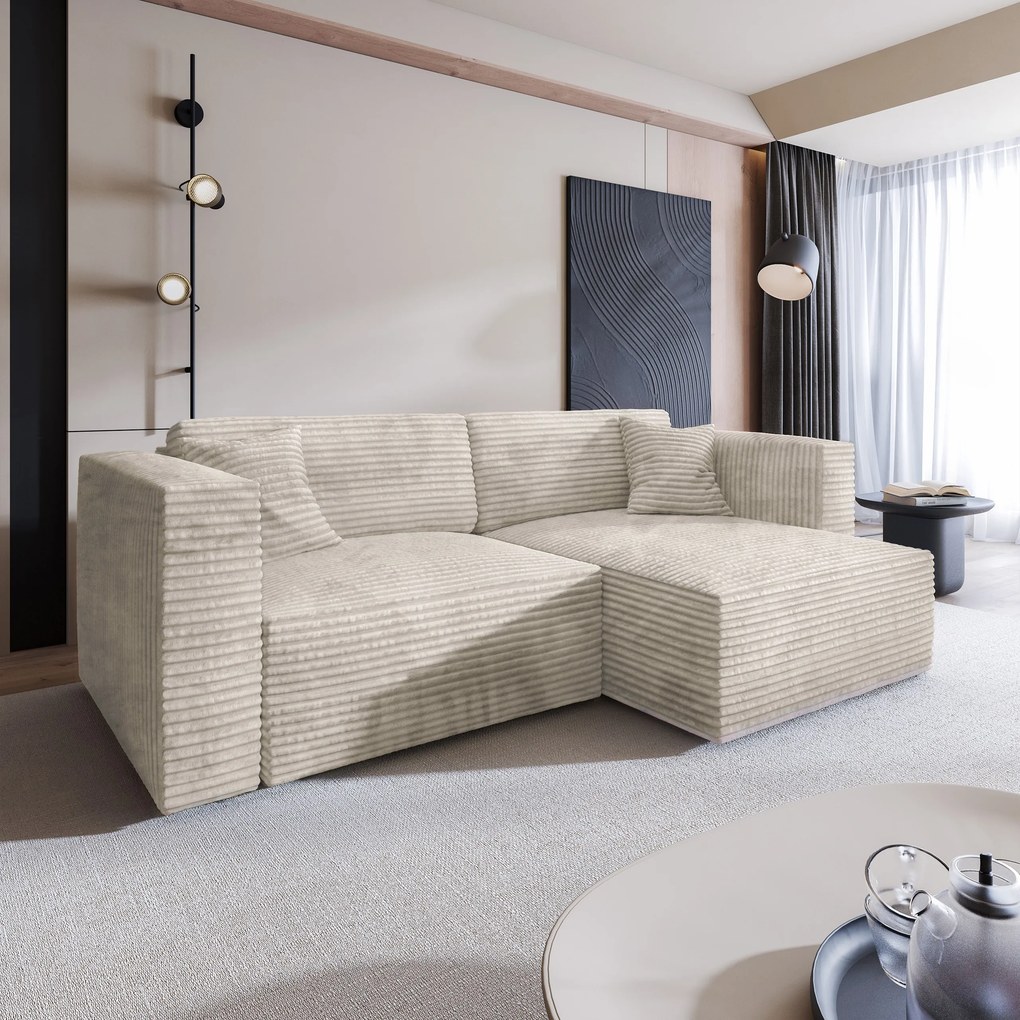 Masseno Narożnik NERIO z funkcją spania i pojemnikiem na pościel Narozniki L, Rozkładana sofa - Kremowy, TILIA 03