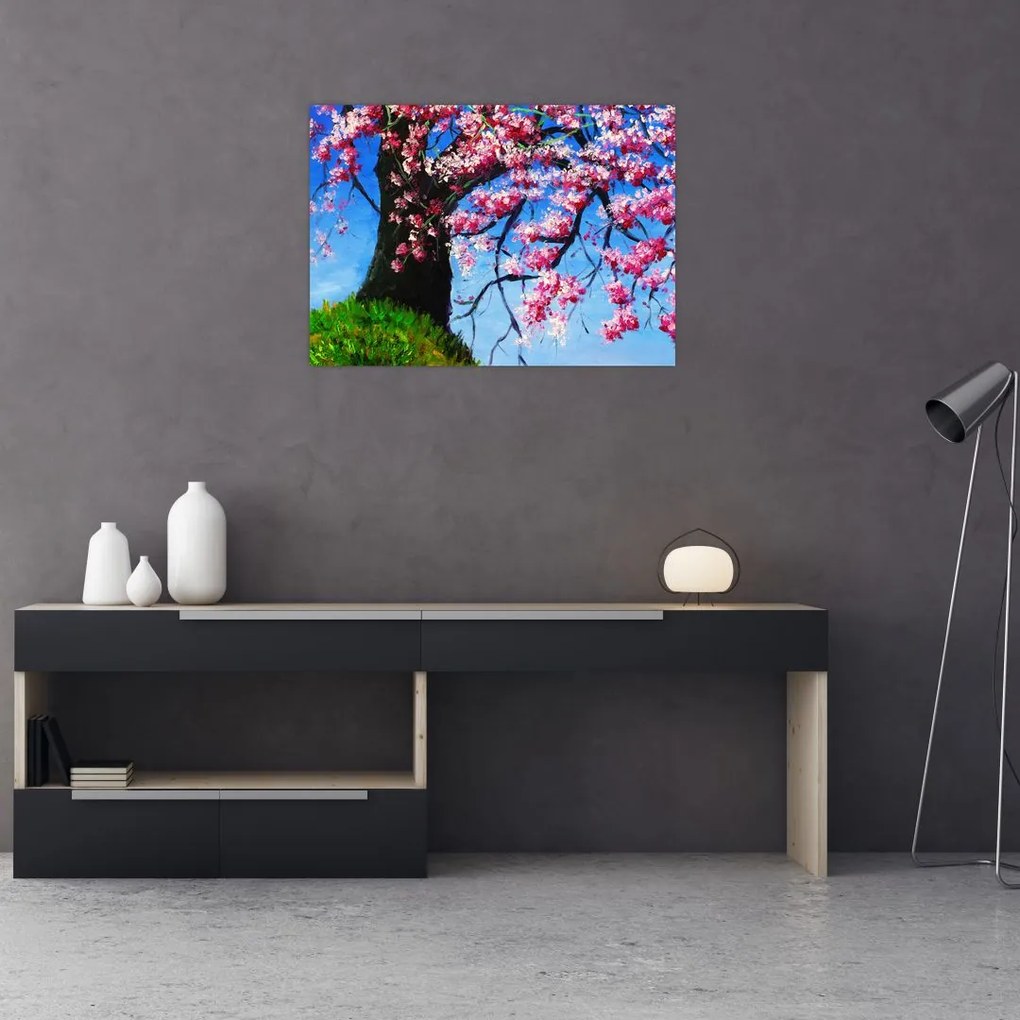 Obraz na szkle malowanego kwiatu wiśni (70x50 cm)