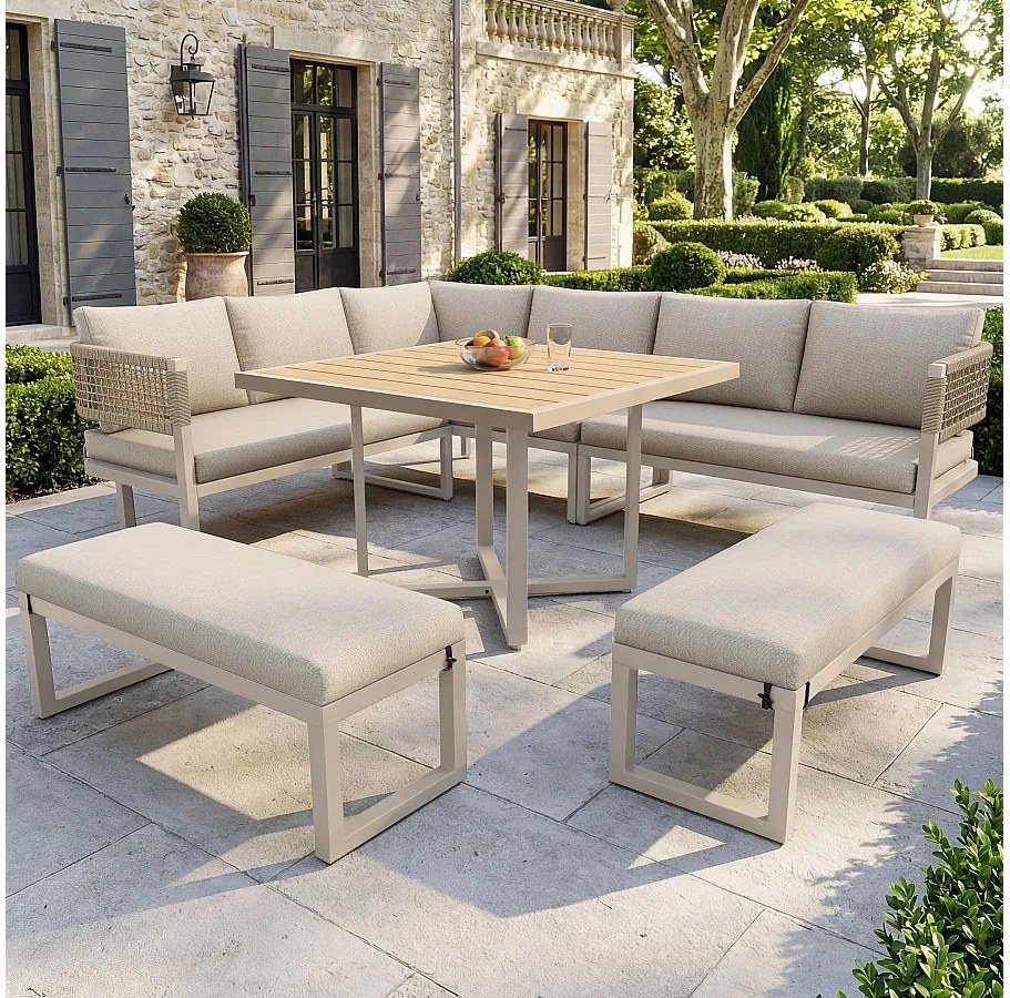 Salon ogrodowy, zestaw mebli na 8-10 osób - kanapa narożna - z żelaza ocynkowanego - stoły jadalniane z tworzywa drewnopodobnego - ławka, Beżowy