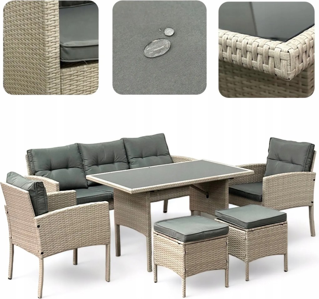 Zestaw mebli stołowych do ogrodu dla 7 osób Betim 078 jasny beż, poduszki szare