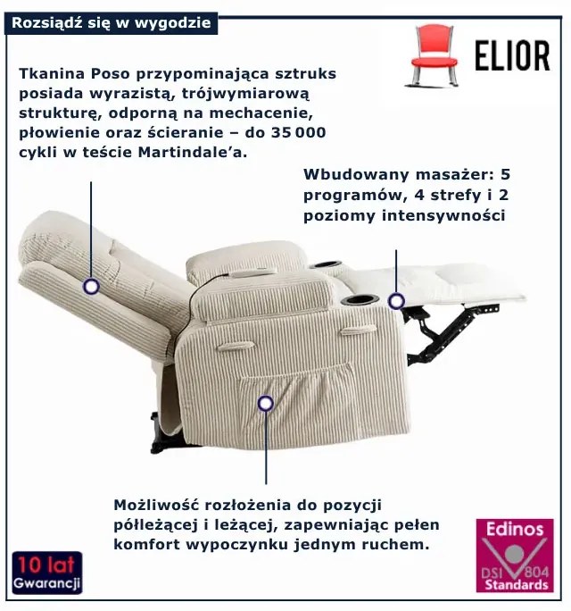 Beżowy sztruksowy fotel rozkładany E7-B16