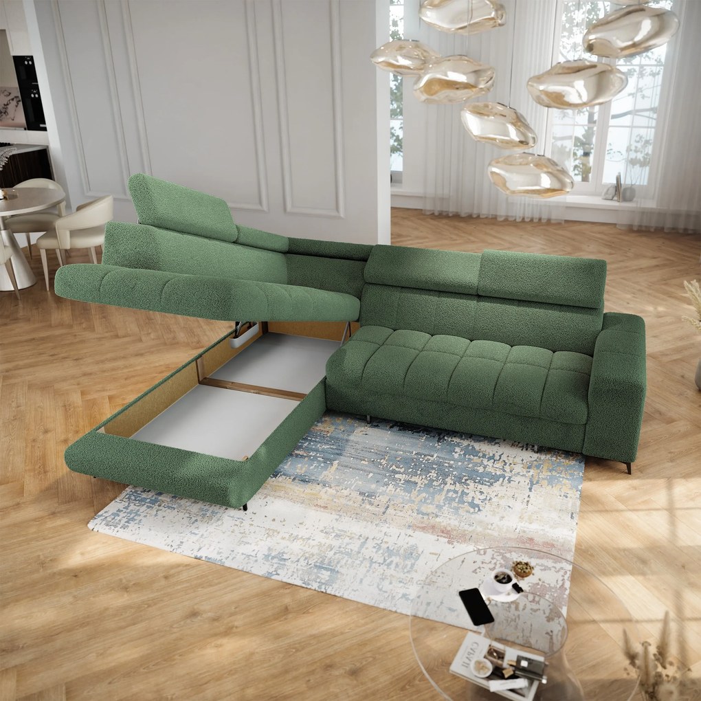 Masseno Narożnik MORIVA z funkcją spania i pojemnikiem na pościel Narozniki L, Rozkładana sofa - Zielony, QUELLE 37