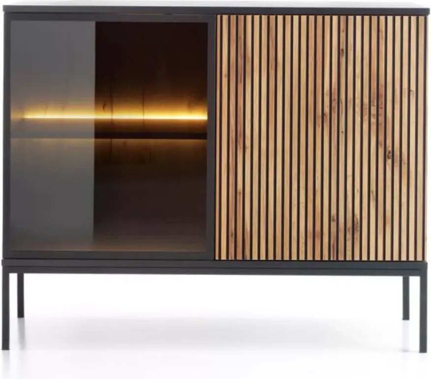 Komoda witryna Shark K104 LED nowoczesna loft szafka do salonu jadalni kaszmir czarna dąb wotan z oświetleniem LED push to open