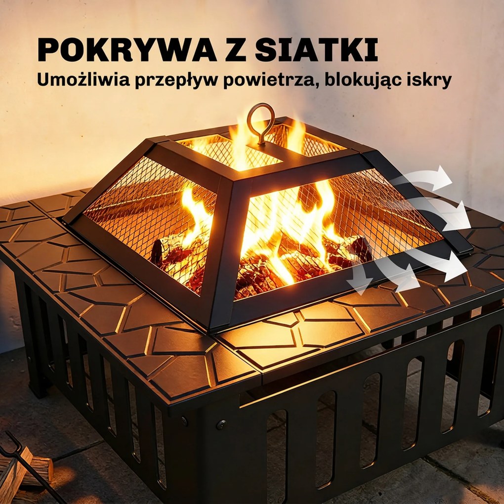 Outsunny Palenisko ze stali z osłoną przeciwiskrową i pogrzebaczem do grilla, kempingu, 67x67x47 cm, czarne | Aosom PL