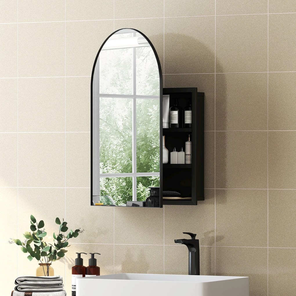 HOMCOM Szafka z lustrem do łazienki, zaokrąglona, drzwi 180°, 3 półki, metal, czarny 50 x 12 x 76 cm | Aosom PL