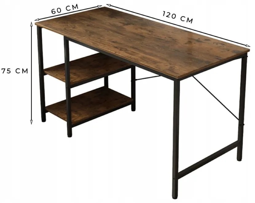 Biurko komputerowe – metalowe, styl gamer, design loftowy/industrialny, 2 półki boczne, 120 cm