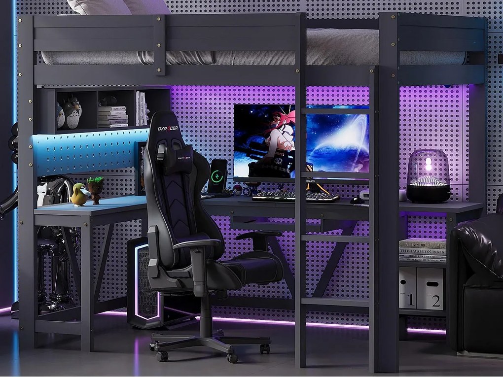 Łóżko na antresoli drewniane 90x200 cm - z biurkiem i przegródkami do przechowywania - LED i port ładowania - Szary​ (materac nie jest wliczony w cenę)