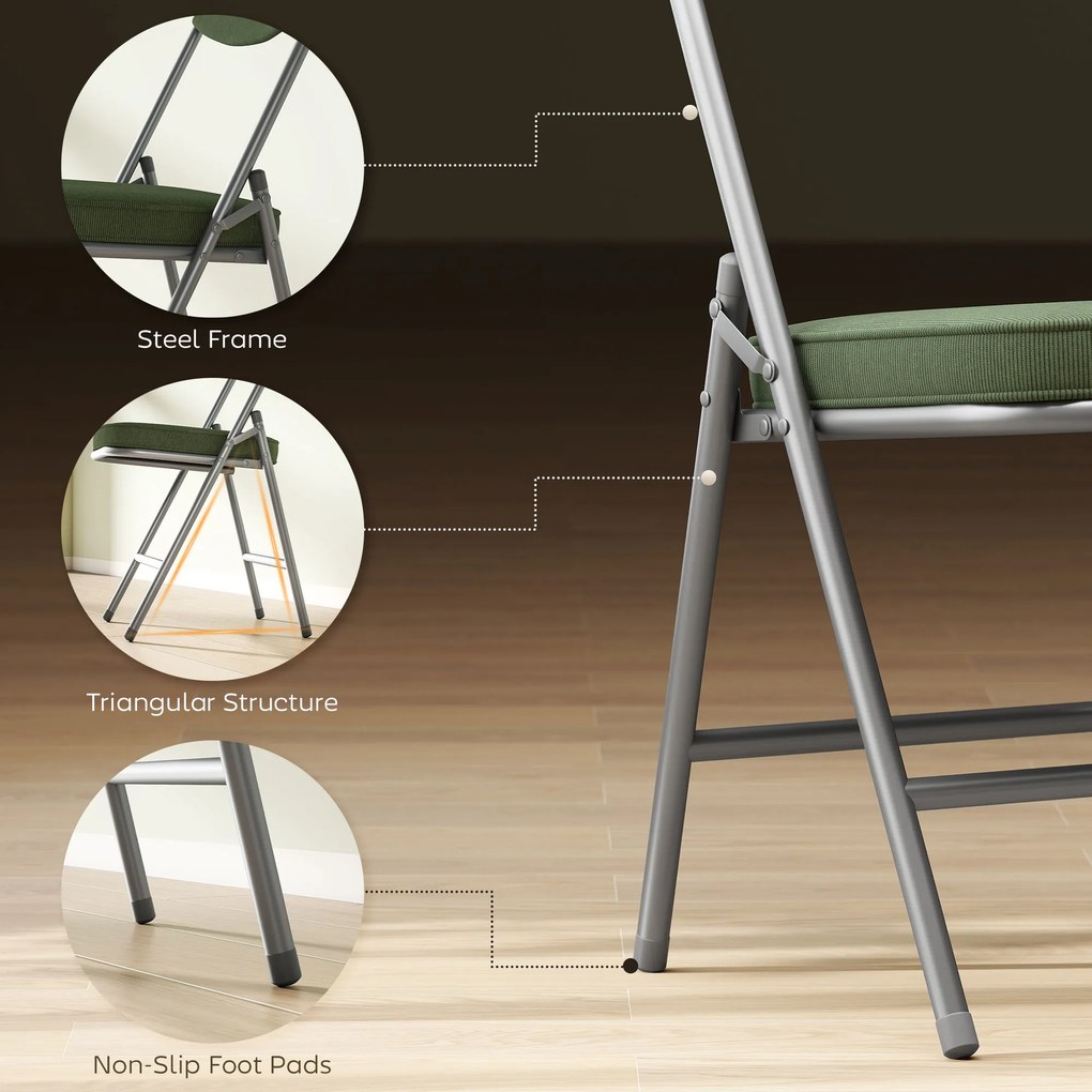 HOMCOM Zestaw 4 tapicerowanych krzeseł składanych, składane krzesła z obiciem ze sztruksu, oparcie, rama metalowa, zielone | Aosom PL