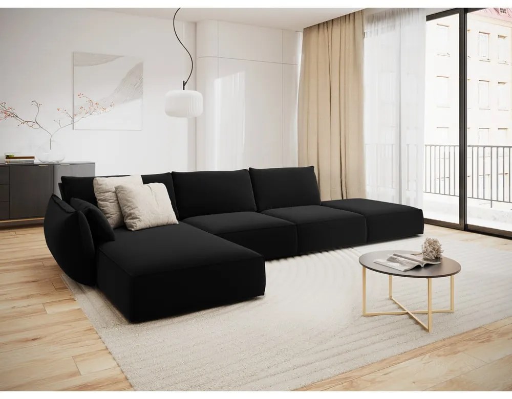 Czarny aksamitny narożnik (lewostronny/z szezlongiem) Vanda – Mazzini Sofas