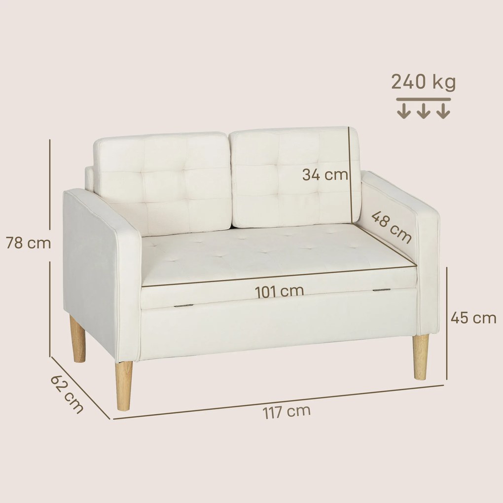 HOMCOM Sofa 2-osobowa z pojemnikiem i pikowaniem — welur, kremowa, 117×62×78 cm