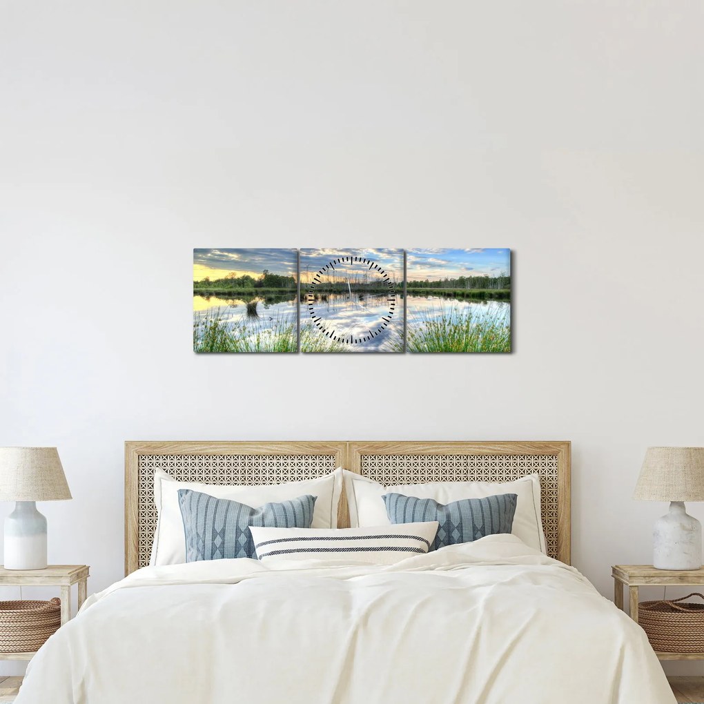 Obraz jeziora z trzcinami (z zegarem) (90x30 cm)