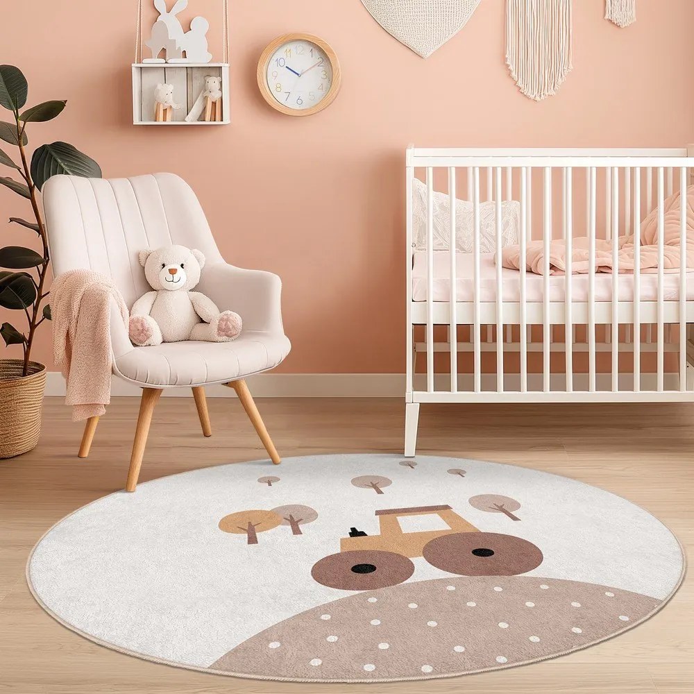 Beżowy dywan dziecięcy odpowiedni do prania ø100 cm Tractor World – Mila Home