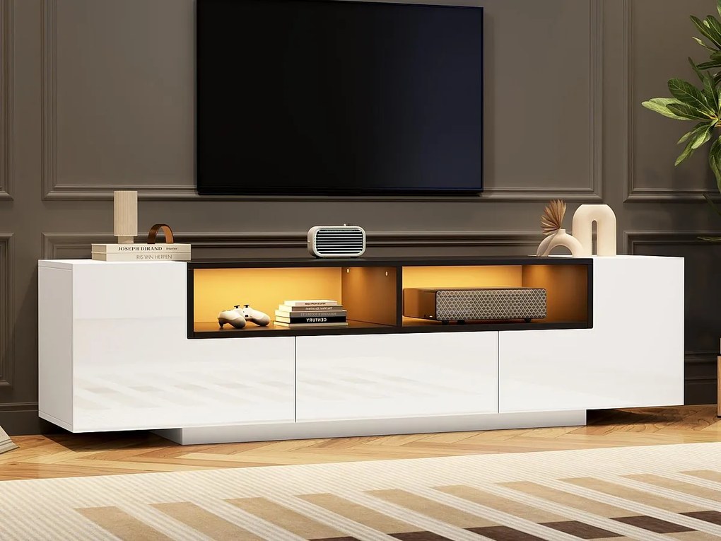 Wysokopołyskowa szafa pod TV 180×40×48 cm - z oświetleniem LED - 1 szuflada i 2 drzwi - na telewizory 75-calowe - biała