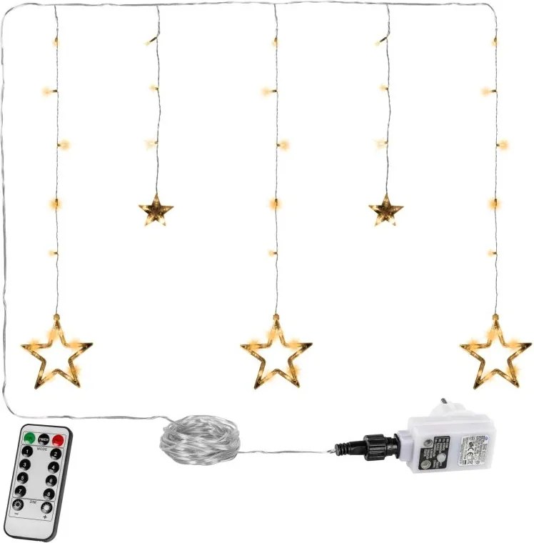 Świąteczna kurtyna 5 gwiazdek, 61 LED, ciepła biel, pilot